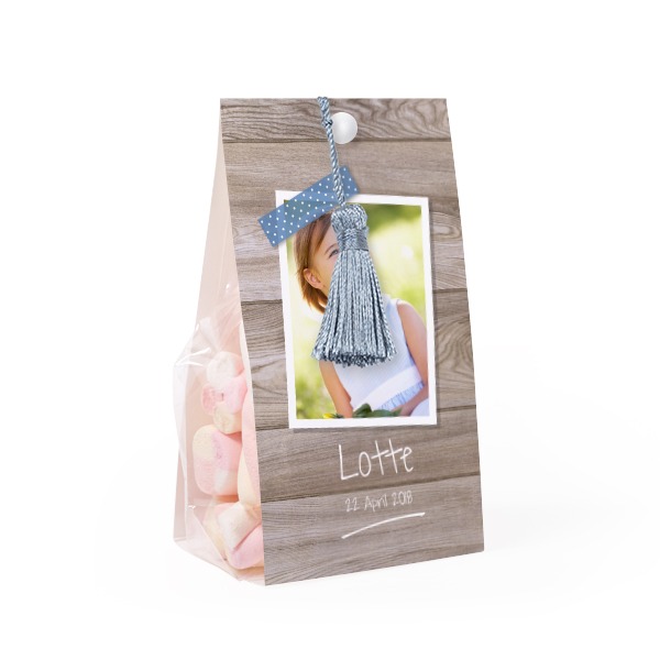 Candy bag with photo-wrapping and silver blue tassel - set of 12