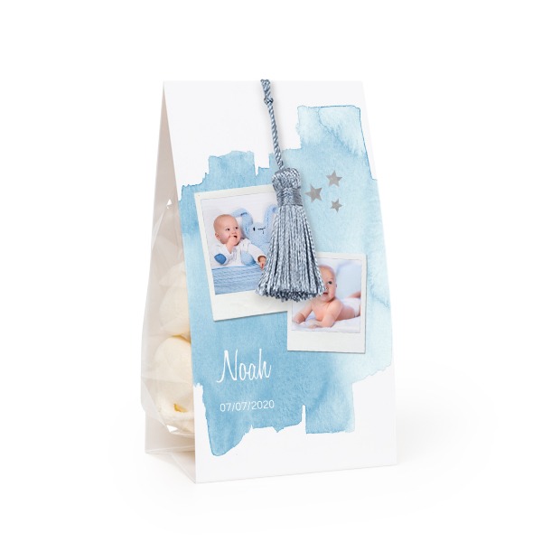 Candy bag with photo-wrapping and silver blue tassel - set of 12