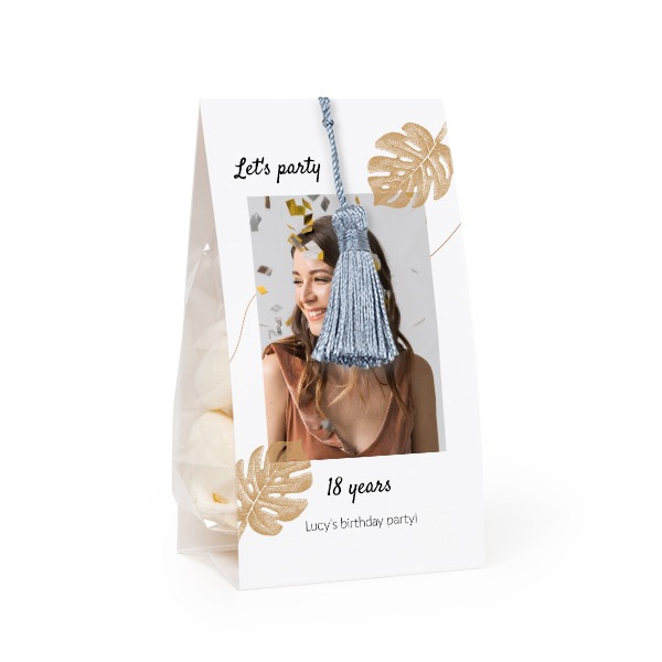 Candy bag with photo-wrapping and silver blue tassel - set of 12