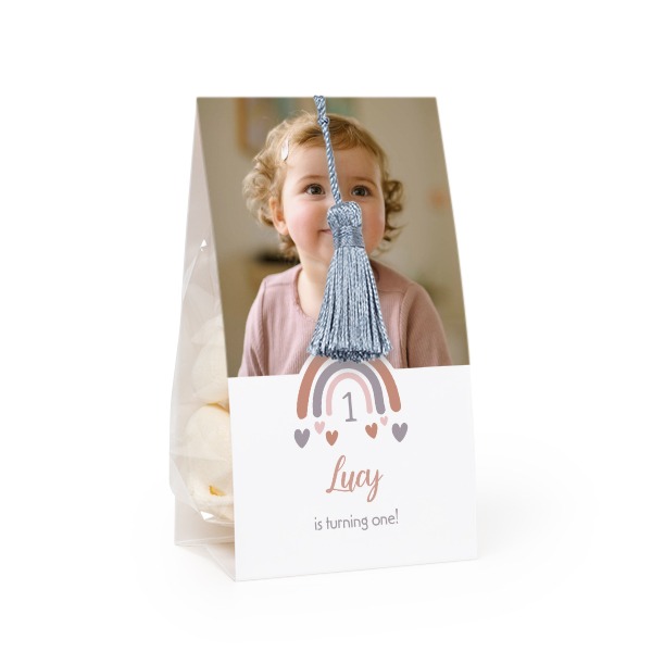 Candy bag with photo-wrapping and silver blue tassel - set of 12