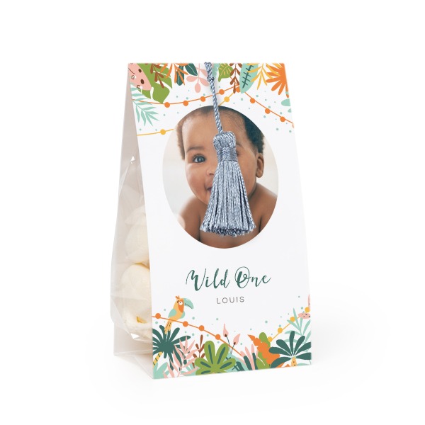 Candy bag with photo-wrapping and silver blue tassel - set of 12