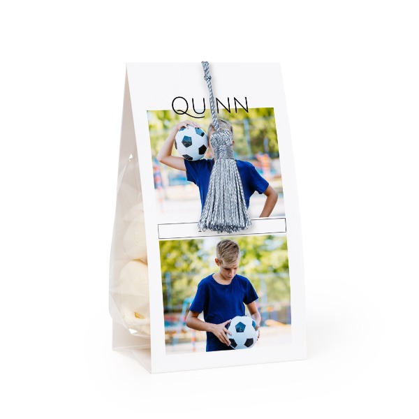 Candy bag with photo-wrapping and silver blue tassel - set of 12