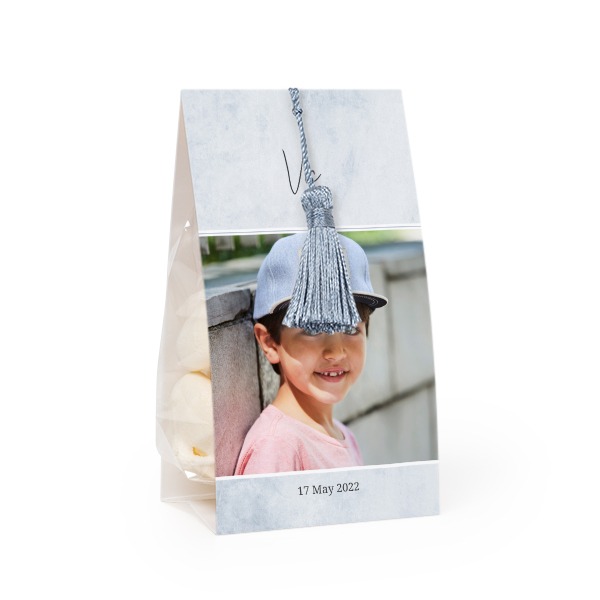 Candy bag with photo-wrapping and silver blue tassel - set of 12