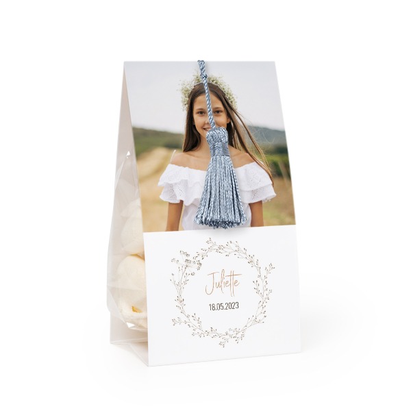 Candy bag with photo-wrapping and silver blue tassel - set of 12