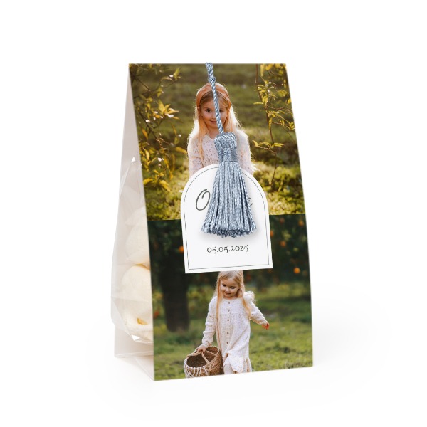 Snoepzakje met fotoverpakking en zilverblauw kwastje - Set van 12
