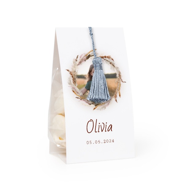 Candy bag with photo-wrapping and silver blue tassel - set of 12