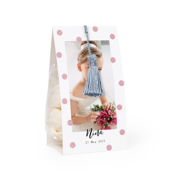 Candy bag with photo-wrapping and silver blue tassel - set of 12