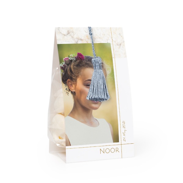 Candy bag with photo-wrapping and silver blue tassel - set of 12