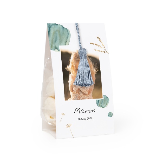 Candy bag with photo-wrapping and silver blue tassel - set of 12