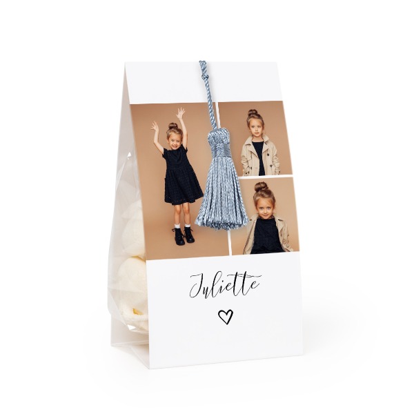 Snoepzakje met fotoverpakking en zilverblauw kwastje - Set van 12