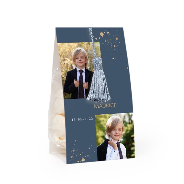 Candy bag with photo-wrapping and silver blue tassel - set of 12