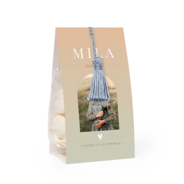 Candy bag with photo-wrapping and silver blue tassel - set of 12