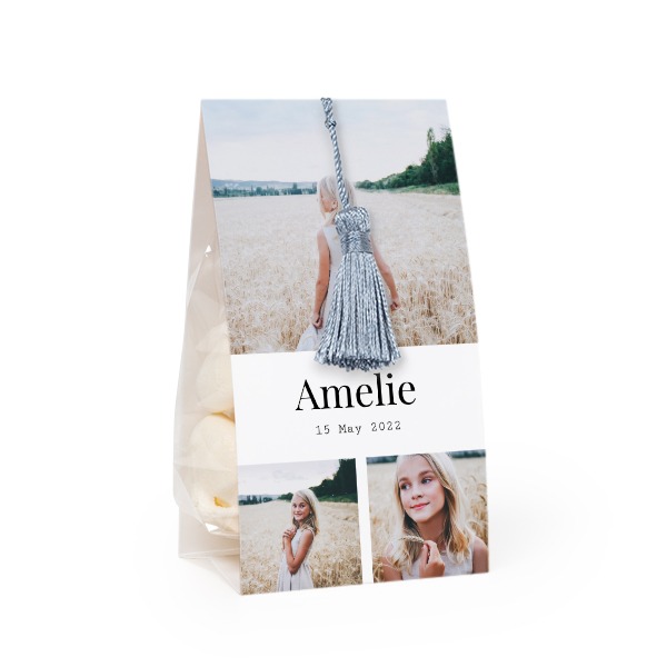 Candy bag with photo-wrapping and silver blue tassel - set of 12