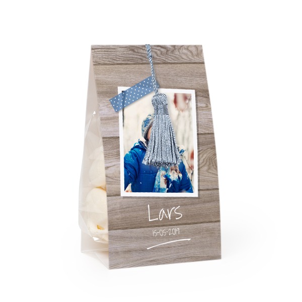 Candy bag with photo-wrapping and silver blue tassel - set of 12