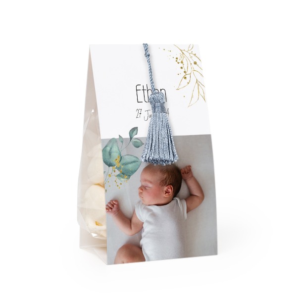 Snoepzakje met fotoverpakking en zilverblauw kwastje - Set van 24