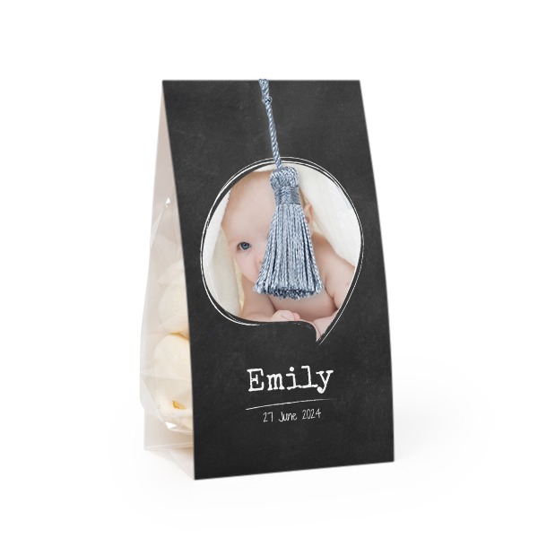 Slikpose med fotoomslag og sølvblå kvast - 24 stk Slikpose med fotoomslag og sølvblå kvast - 24 stk