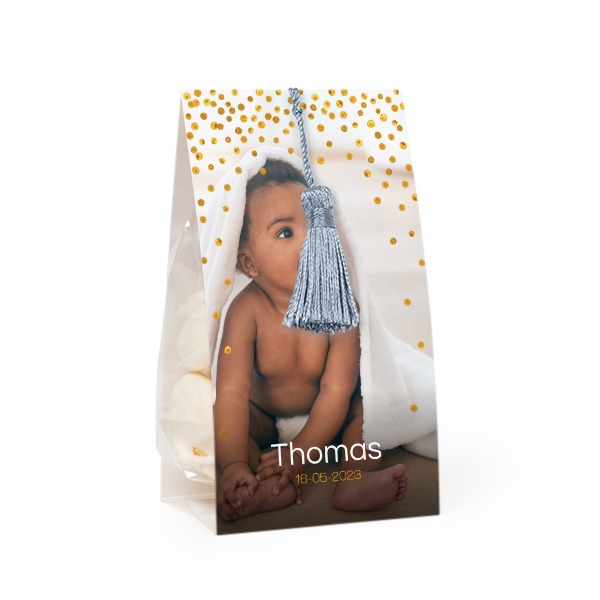 Candy bag with photo-wrapping and silver blue tassel - set of 24 Candy bag with photo-wrapping and silver blue tassel - set of 24