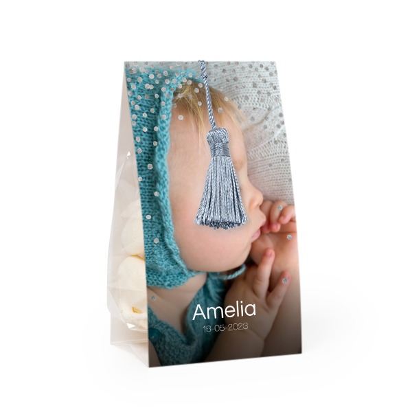 Candy bag with photo-wrapping and silver blue tassel - set of 24