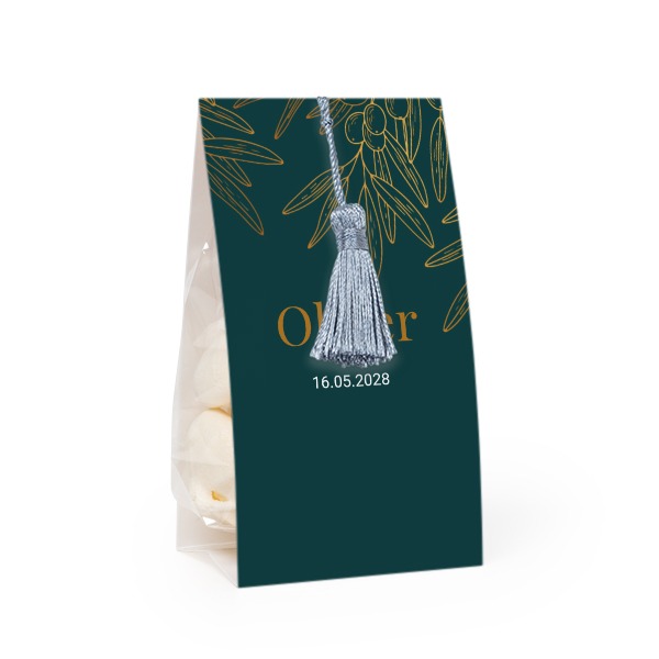 Candy bag with photo-wrapping and silver blue tassel - set of 24