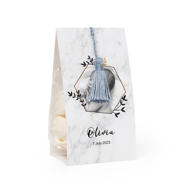 Candy bag with photo-wrapping and silver blue tassel - set of 24