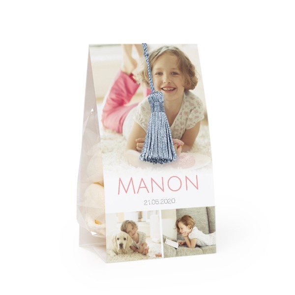 Candy bag with photo-wrapping and silver blue tassel - set of 24