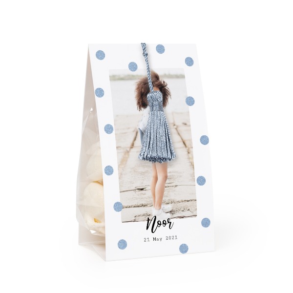 Candy bag with photo-wrapping and silver blue tassel - set of 24 Candy bag with photo-wrapping and silver blue tassel - set of 24