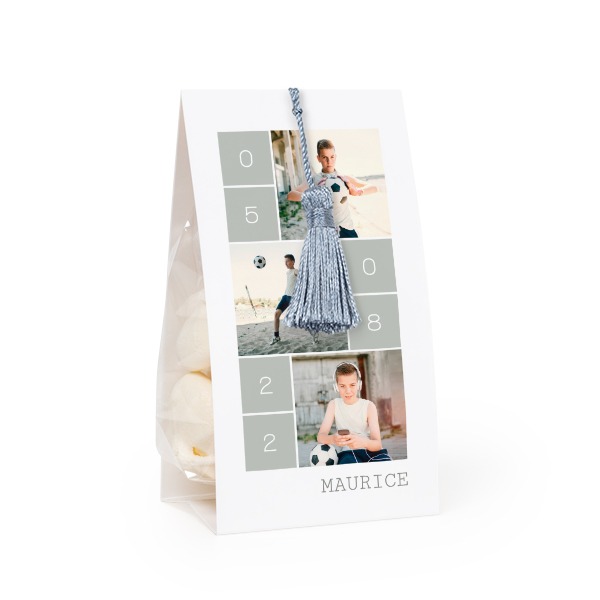 Candy bag with photo-wrapping and silver blue tassel - set of 24