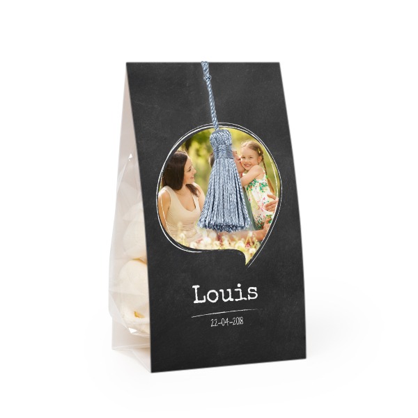 Candy bag with photo-wrapping and silver blue tassel - set of 24
