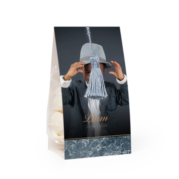 Candy bag with photo-wrapping and silver blue tassel - set of 24