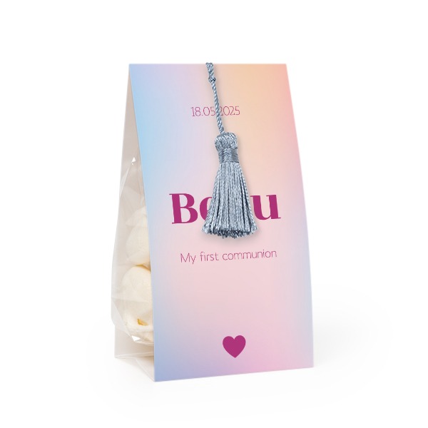 Candy bag with photo-wrapping and silver blue tassel - set of 24