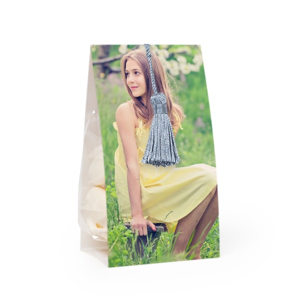 Candy bag with photo-wrapping and silver blue tassel - set of 24