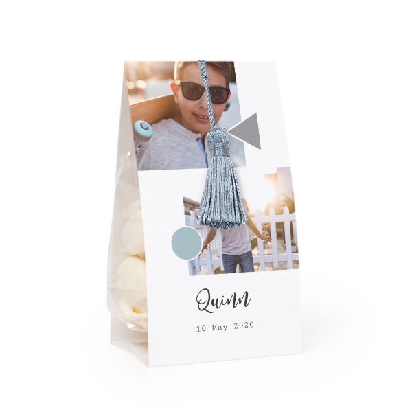 Candy bag with photo-wrapping and silver blue tassel - set of 24
