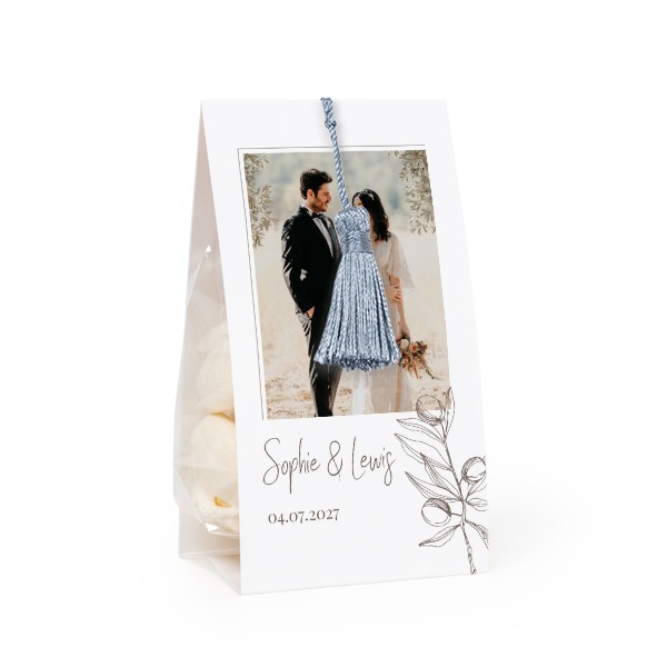Candy bag with photo-wrapping and silver blue tassel - set of 24