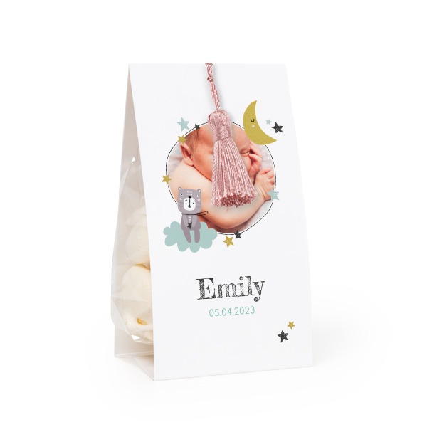 Godtepose med fotoomslag og magnoliafarget dusk - 12 stk Godtepose med fotoomslag og magnoliafarget dusk - 12 stk