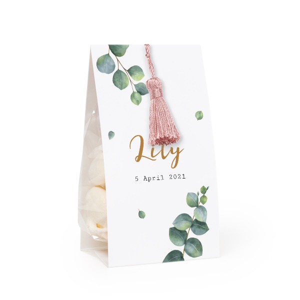Candy bag with photo-wrapping and magnolia tassel - set of 12 Candy bag with photo-wrapping and magnolia tassel - set of 12