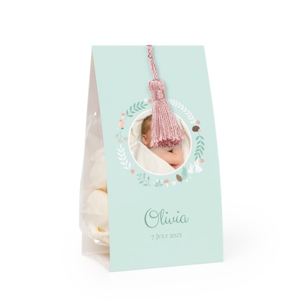 Godispåse med fotoomslag och magnoliafärgad tofs - 12 st