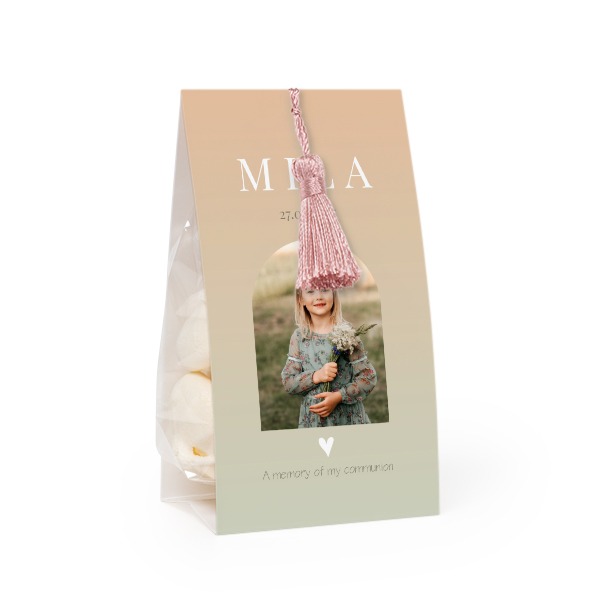 Candy bag with photo-wrapping and magnolia tassel - set of 12 Candy bag with photo-wrapping and magnolia tassel - set of 12