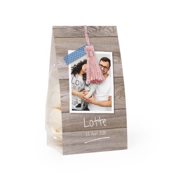 Godtepose med fotoomslag og magnoliafarget dusk - 12 stk Godtepose med fotoomslag og magnoliafarget dusk - 12 stk