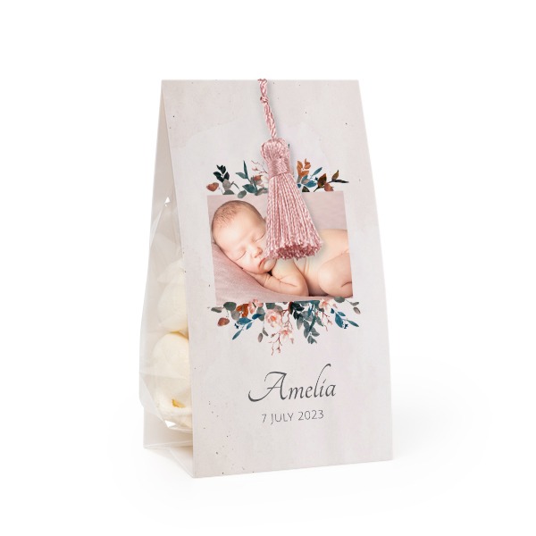 Godtepose med fotoomslag og magnoliafarget dusk - 24 stk