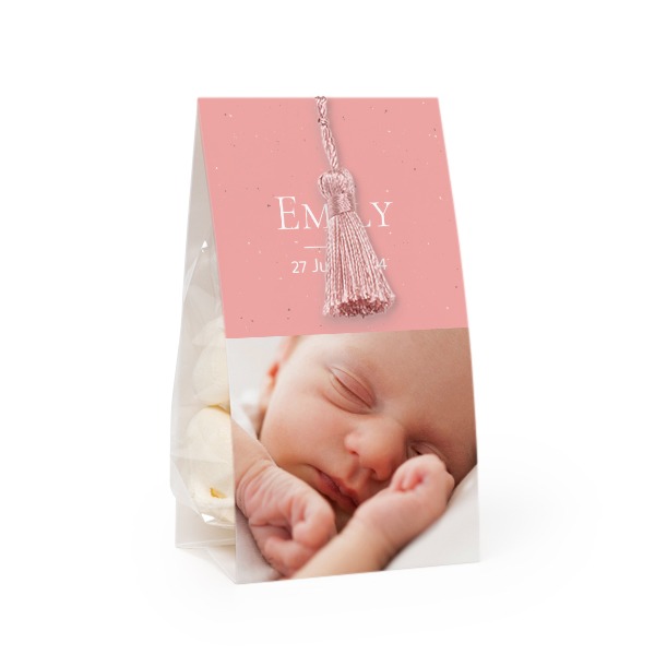 GodispÄse med fotoomslag och magnoliafÀrgad tofs - 24 st GodispÄse med fotoomslag och magnoliafÀrgad tofs - 24 st