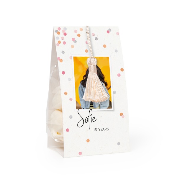 Candy bag with photo-wrapping and vanilla tassel - set of 12