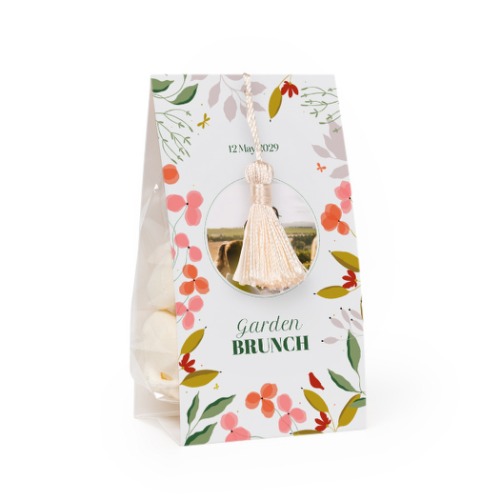 Godtepose med fotoomslag og vaniljefarget dusk - 12 stk Godtepose med fotoomslag og vaniljefarget dusk - 12 stk