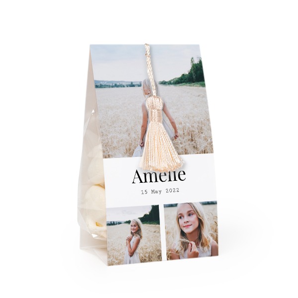 Slikpose med fotoomslag og vaniljefarvet kvast - 24 stk Slikpose med fotoomslag og vaniljefarvet kvast - 24 stk