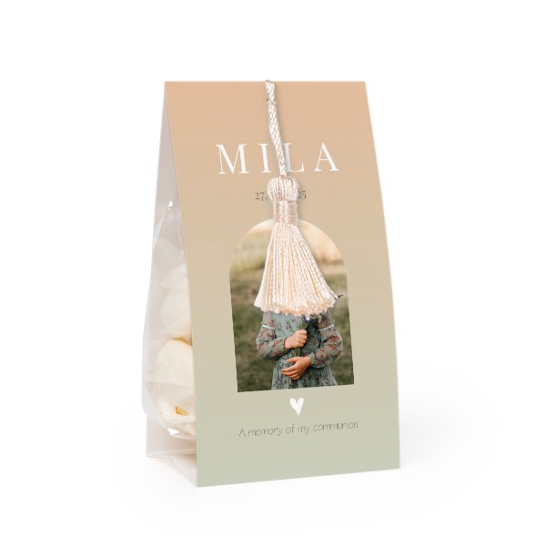 Candy bag with photo-wrapping and vanilla tassel - set of 24 Candy bag with photo-wrapping and vanilla tassel - set of 24