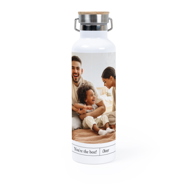 Personalisierte Trinkflasche mit Bambusdeckel (750 ml, Weiss)