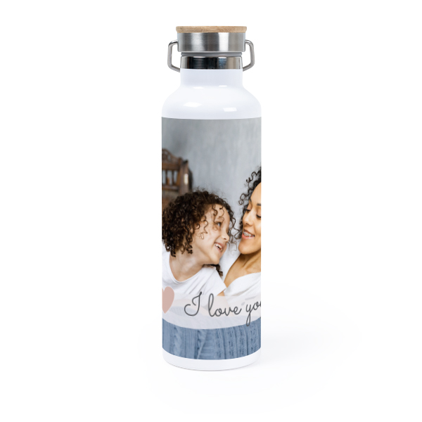 Personalisierte Trinkflasche mit Bambusdeckel (750 ml, Weiss)