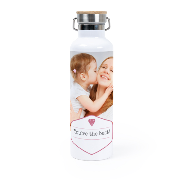 Personalisierte Trinkflasche mit Bambusdeckel (750 ml, Weiss)