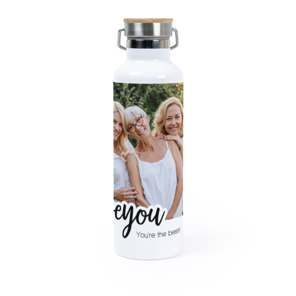 Personalisierte Trinkflasche mit Bambusdeckel (750 ml, Weiss)