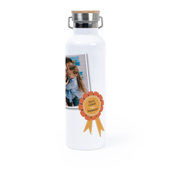 Personalisierte Trinkflasche mit Bambusdeckel (750 ml, Weiss)