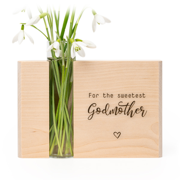 Gravierter Holzblock mit Reagenzglas Vase